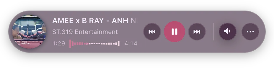 The Amee mini player: album art, track title and artist, transport controls, a progress bar, and a volume button, in a single floating pill.