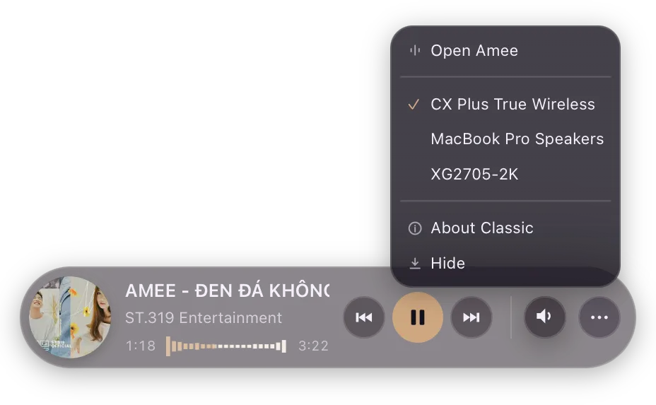 The mini player’s menu showing available output devices: CX Plus True Wireless (selected), MacBook Pro Speakers, and XG2705-2K, with options to open Amee and hide the player.