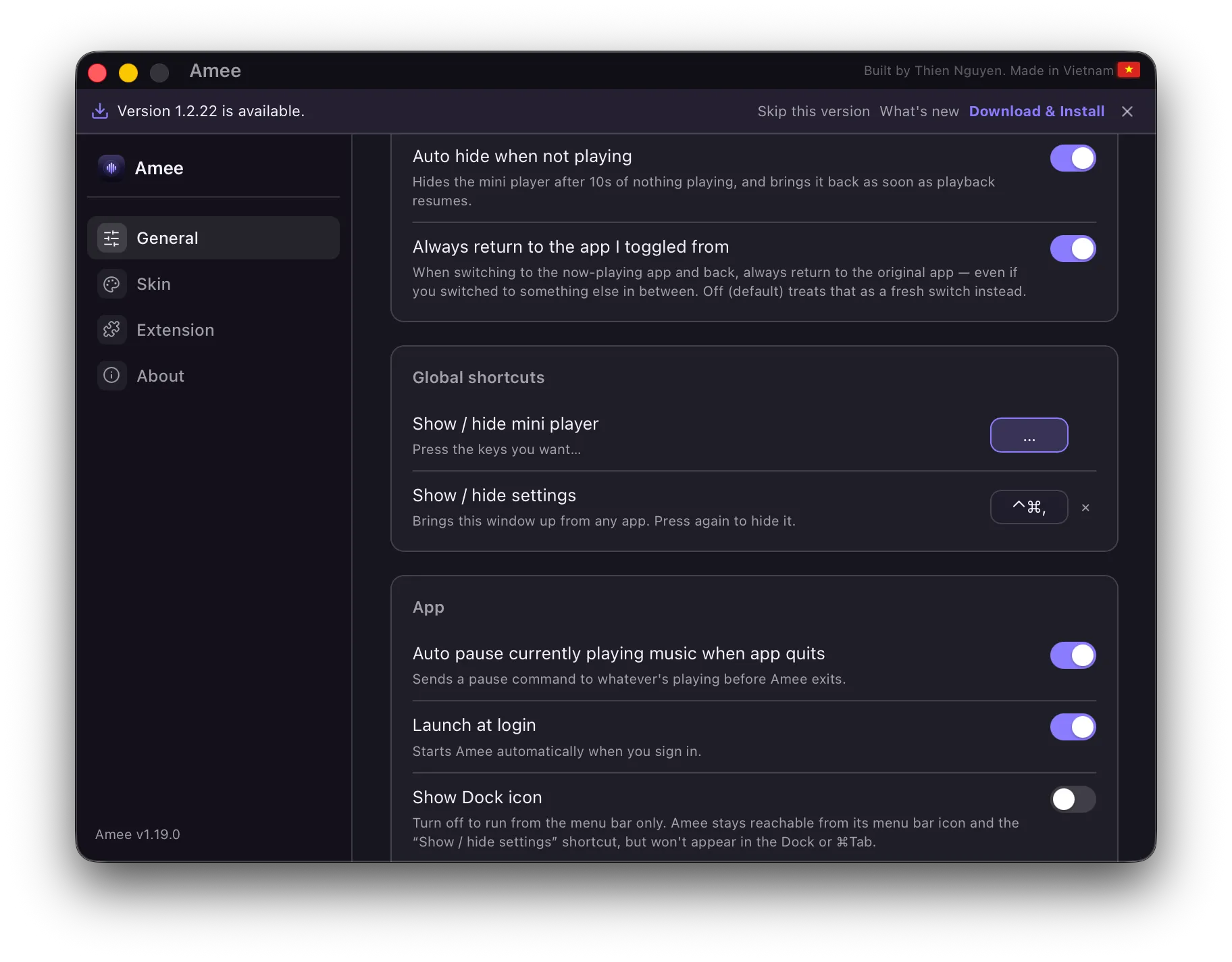 The Global shortcuts section with the “Show / hide mini player” row in recording state, showing “Press the keys you want…”