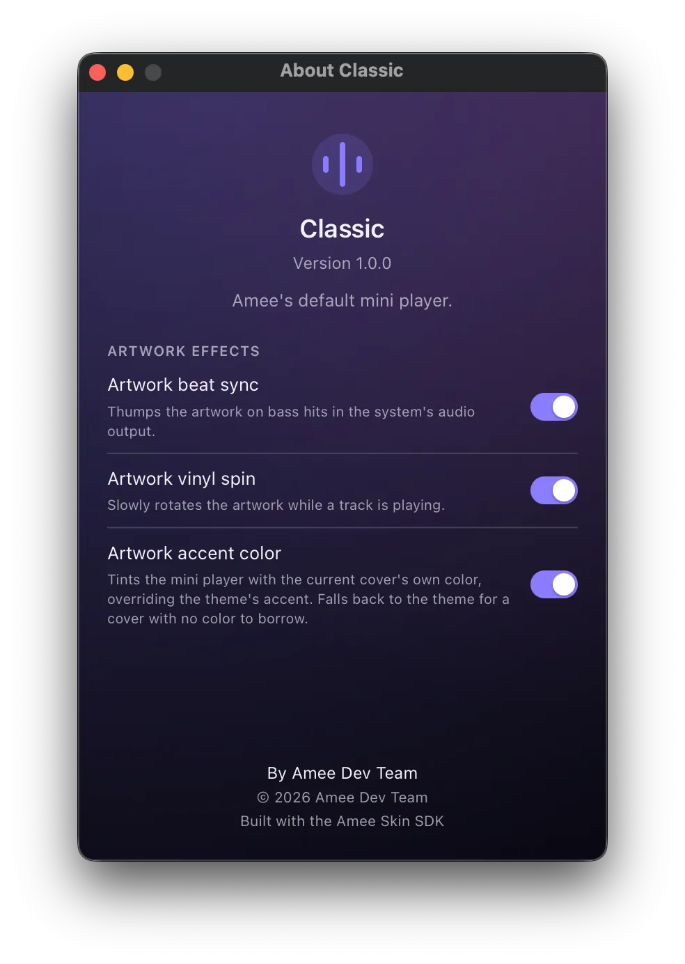 The “About Classic” window opened by the classic skin, showing the skin name, version, description, artwork effect toggles, and author.