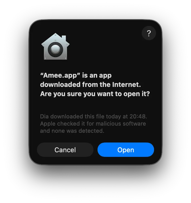 macOS Gatekeeper dialog: “Amee.app is an app downloaded from the Internet. Are you sure you want to open it?” with Cancel and Open buttons.