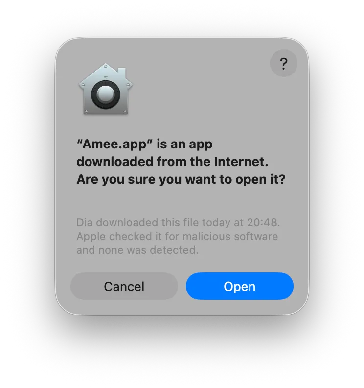 macOS Gatekeeper dialog: “Amee.app is an app downloaded from the Internet. Are you sure you want to open it?” with Cancel and Open buttons.