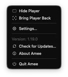 The Amee tray menu: Hide Player, Bring Player Back, Settings…, Version, Check for Updates…, About Amee, Quit Amee.