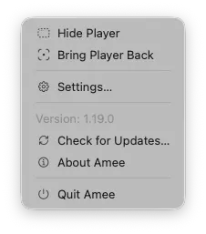The Amee tray menu: Hide Player, Bring Player Back, Settings…, Version, Check for Updates…, About Amee, Quit Amee.