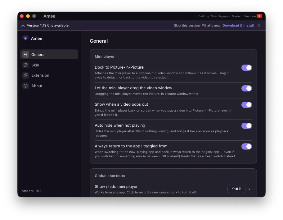 The Amee Dashboard on the General tab, showing the Mini player settings group and the top of Global shortcuts.