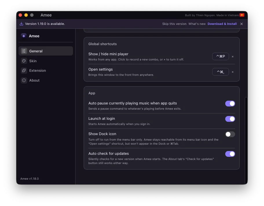 The Amee Dashboard General tab showing the Global shortcuts and App settings groups.