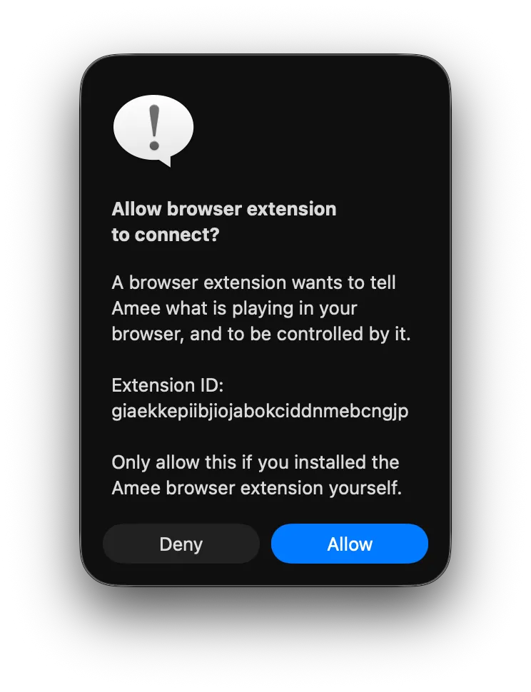 Amee’s approval prompt: “Allow browser extension to connect?” with the extension ID, Deny and Allow buttons.