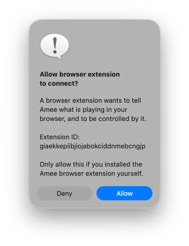 Amee’s approval prompt: “Allow browser extension to connect?” with the extension ID, Deny and Allow buttons.