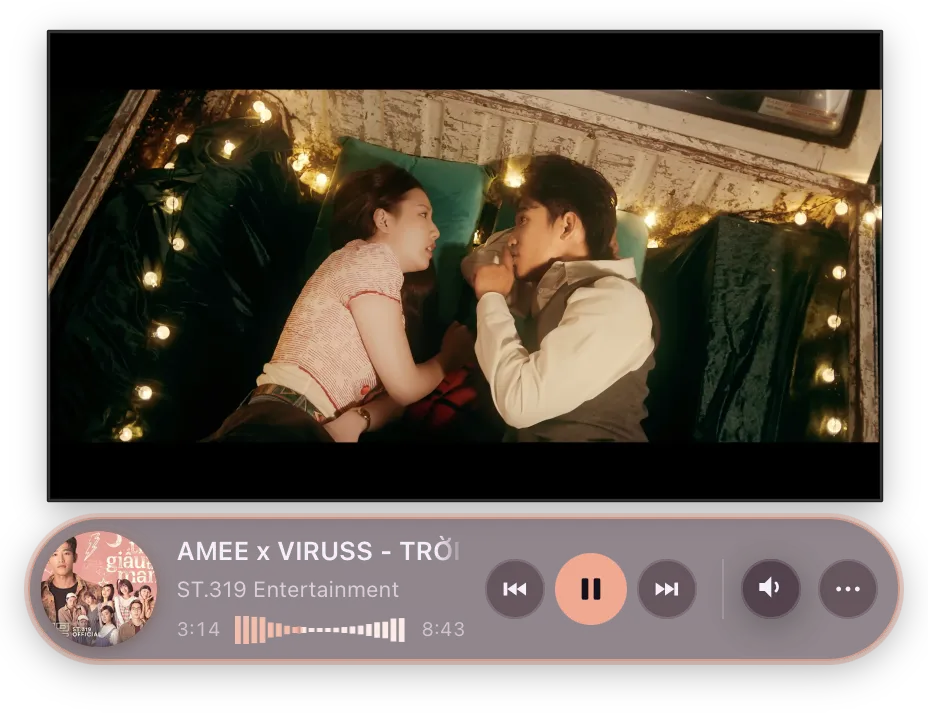 The Amee mini player showing an accent ring around the pill while being dragged back toward the PiP video — the visual cue that letting go will re-attach it.