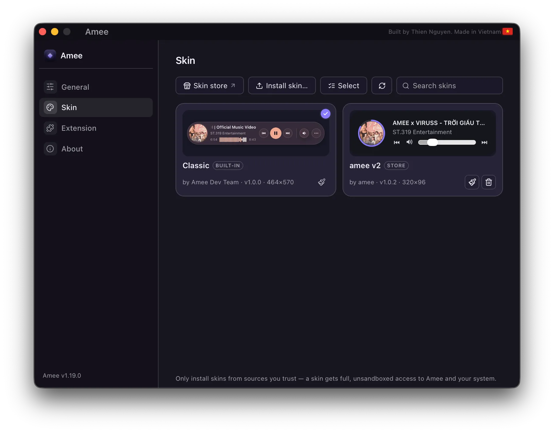 The Amee Dashboard Skin tab showing the Classic built-in skin active and an amee v2 store skin installed, with toolbar buttons for the skin store, installing, and searching.